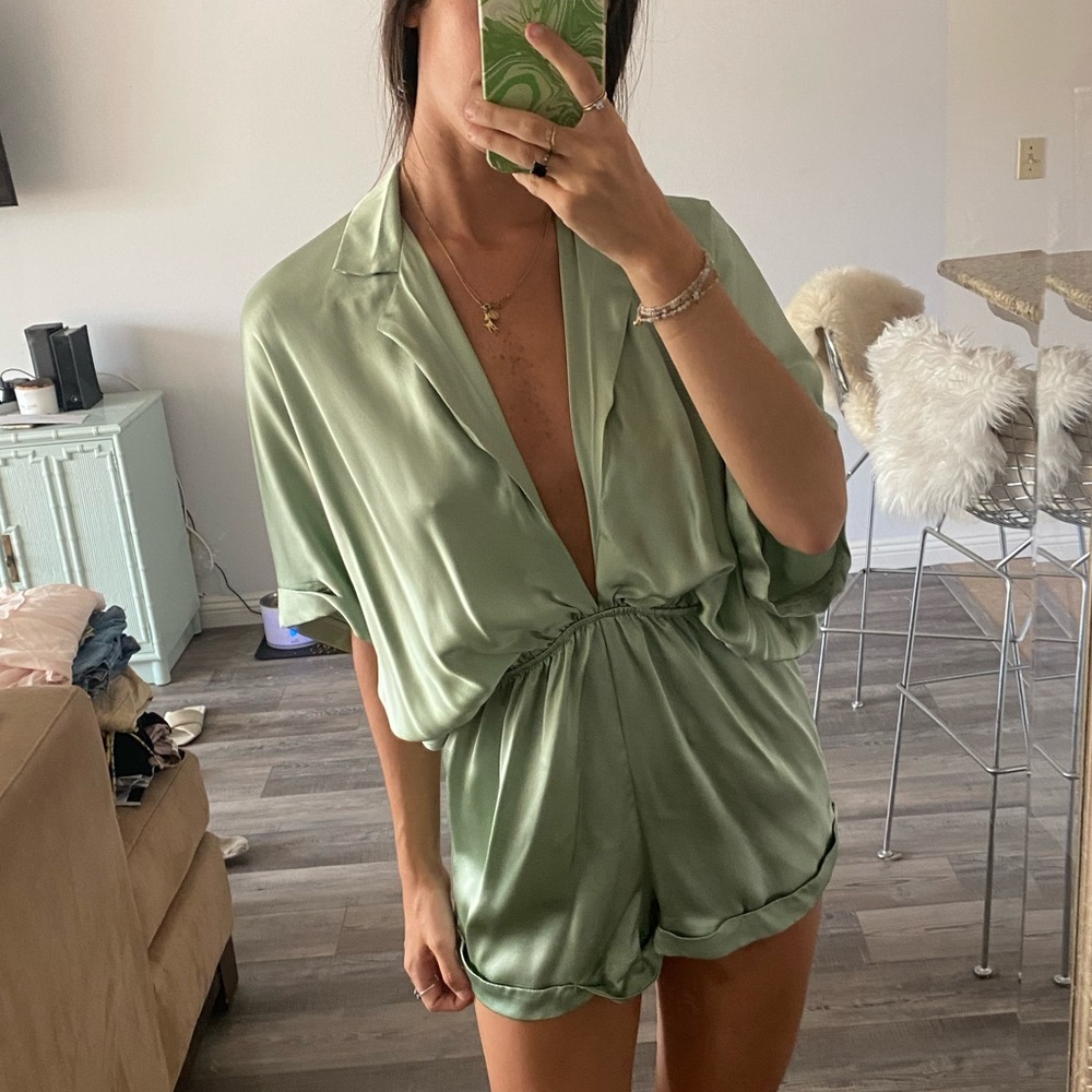 100% silk charmeuse pistachio green romper